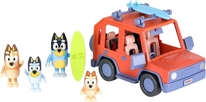 Bluey Heeler Family 4WD Car Toy with 4 Figures | Includes 2 Surfboard and Sticker Sheet, Perfect for Kids Ages 3+, Amazon Exclusive