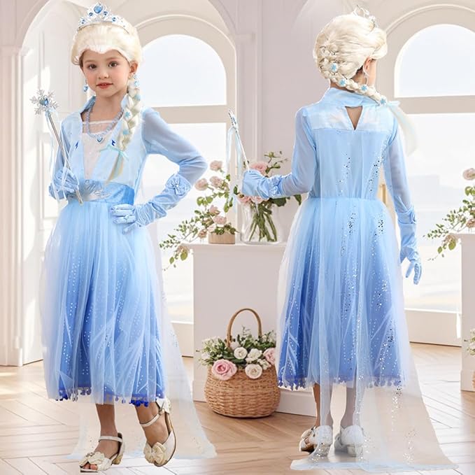 Princess Costume for Little Girls Snow Princess Dress Blue Cosplay Outfit Halloween Carnival Party Christmas