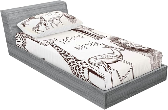 Ambesonne Savannah 2 Pack Fitted Sheet & Pillow Sham Set, Wild Lion Zebra Antelope, 4 Pcs Bedding Decor, Package Contains 2 Twin Size Fitted Sheets & 2 Pillow Covers, Brown Cream