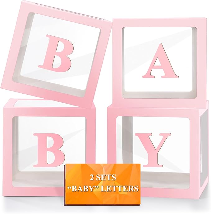 Ledido Baby Boxes with Letters for Baby Shower Decorations, 4 pcs Clear Baby Balloon Boxes Blocks for Baby Shower Decor with Letters for Boy Girl Gender Reveal Decorations Backdrop Party (Pink)