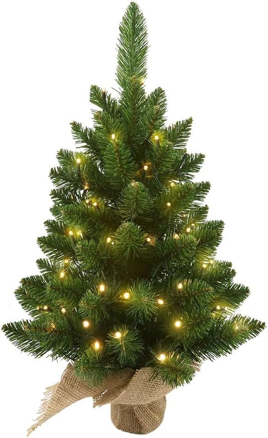 Small Christmas Tree with Lights,2ft Pre Lit Artificial Mini Xmas Tree for Tabletop,Outdoor,Bedroom,Office Decorations,Includes 50 Led Warm Lights,73 PVC Branch Tips,Green（Battery Operated）