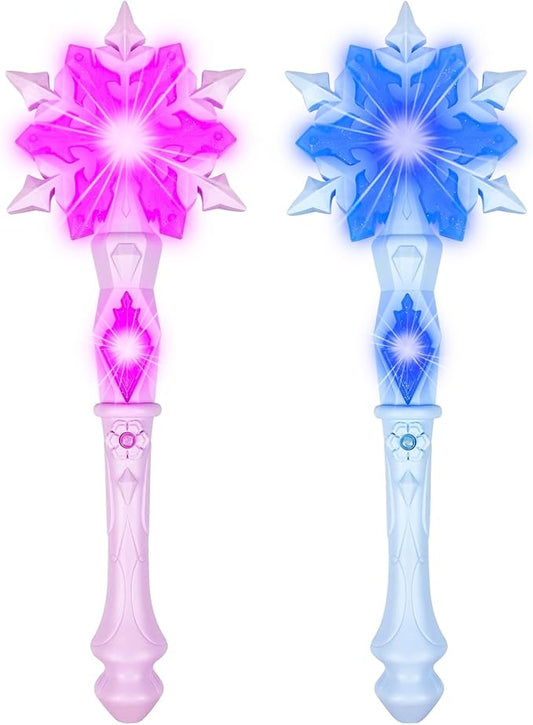 KingGlee Light Up Frozen Snowflake Wand with Sound(Motion Sensitive) Magic Toy for Kids Girls Princess Party Favors Costume Cosplay Accessories Pink & Blue 2 Pieces