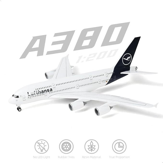 1/200 Germany A380 Model Plane Diecast Airbus A380 Model Airplane with Stand (14 in-L) Pre-Built Model kit for Adult -Aviation Creative Gifts, Tabletop Collection Display