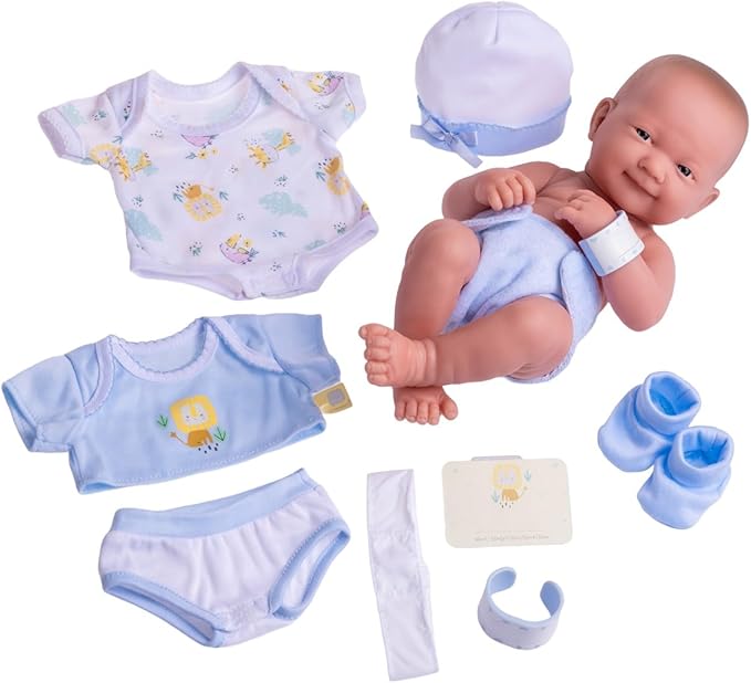 8 piece Layette Baby Doll Gift Set | JC Toys - La Newborn Nursery | 14" Life-Like Smiling Doll w/ Accessories | Blue | Ages 2+
