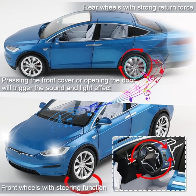 Zinc Alloy Model X Car Model,1:24 Scale Simulation Casting car Model Pull Back Diecast Toy Car, Mini Vehicles Toys with Lights and Music for Toddlers Kids Children Birthday Gift(Blue)
