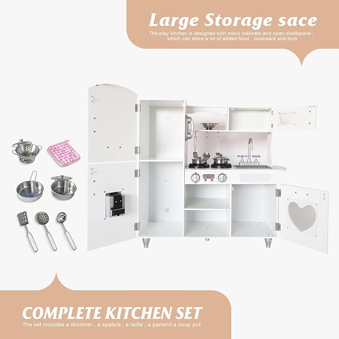 TaoHFE LED Upgrade Kitchen Set for Kids Wooden Play Kitchen LED Gas Tray with Sound Toy Kitchen Sets for Girls Gift Enjoy Cooking with Lights and Sounds White Kitchen for Toddlers Kids Kitchen Playset