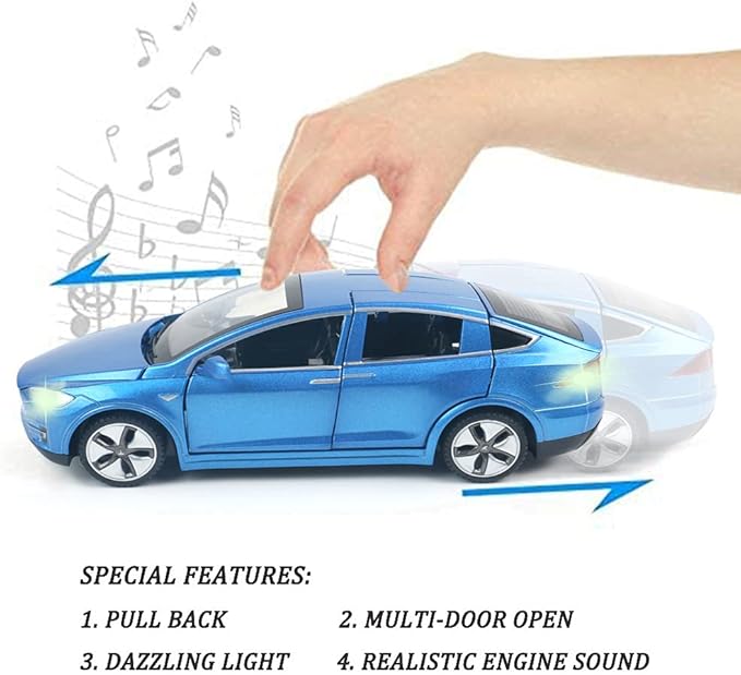 1:32 Scale Car Model X Alloy Diecast Pull Back Electronic Toys with Lights and Music, Mini Vehicles Toys for Kids Gift Car Lovers Collection (Model X - Pearlescent Blue)