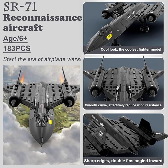 Military Series SR-71 Reconnaissance Aircraft Jet Blackbird Air Force Building Block Set,WW2 Military Fighter Airplanes Model,Plane Brick Building Toy Gifts for Kids and Adults,183PCS