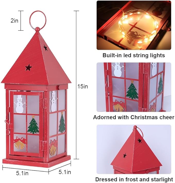 NEEDOMO Christmas Decorations for Home, 15'' Decorative Christmas Lantern Indoor Outdoor Decor, Metal Hanging Candle Holder with Xmas Snowman Bells and LED String for Table Centerpieces, Patio (Red)