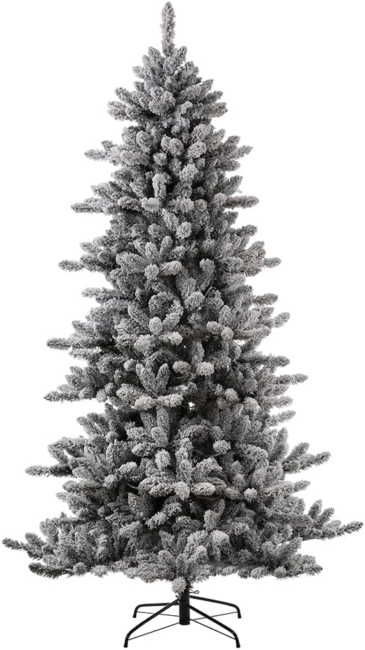 Glitzhome 7.5ft Pre-Lit Snow Flocked Fir Christmas Tree, Artificial Holiday Xmas Tree with 400 Warm White Lights and Metal Foldable Stand for Home, Office, Party Decoration