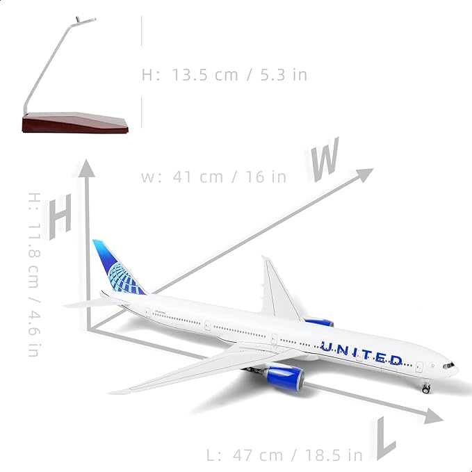 1/150 Boeing 777-300ER United 18.5 inchs Large Model Diecast Airplane Model Kits with Stand Airlines Models Display Collectible for Aviation Enthusiast Gift