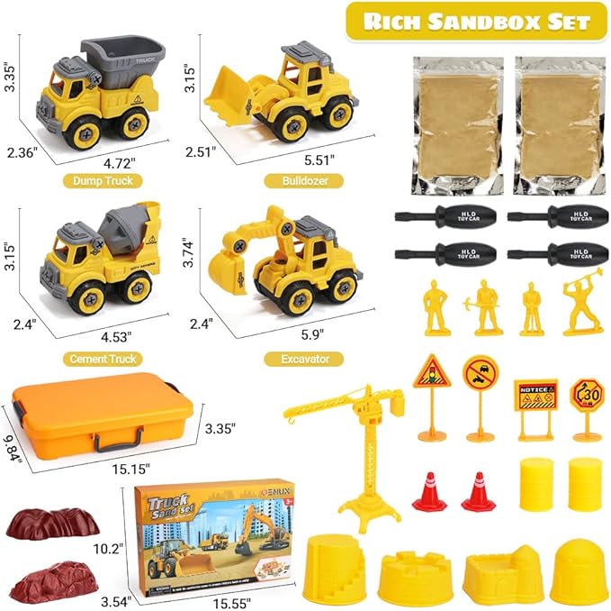 OENUX Play Sand Construction Set, Beach Building Castle Kit w/ 2.2lbs Play Sand, 4 Take Apart Construction Trucks Toys and Signs, Sensory Sandbox with Cover for Boy Girl Kid Toddlers Age 3-8