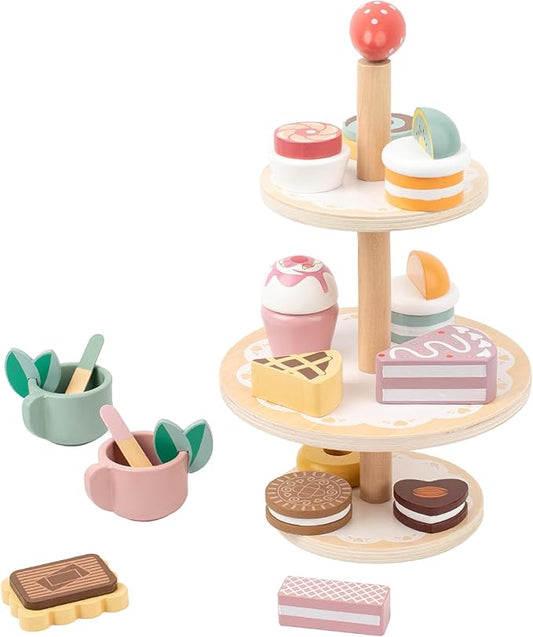 Wooden Dessert Cake Tea Party Set for Little Girls Toys, Pretend Play Kids Tea Set for Toddlers Wood Toys, Wooden Play Food Kitchen Accessories Sets for Kids (Dessert Tea)