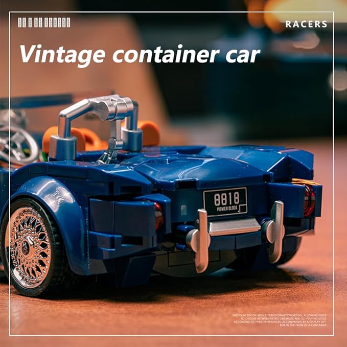 PB8818 1:32 Blue Convertible Sports Car Buliding Blocks Set, 317 Pieces Racing Toy Model Container Display Box, Clamping Blocks Car STEM Gift for Adults