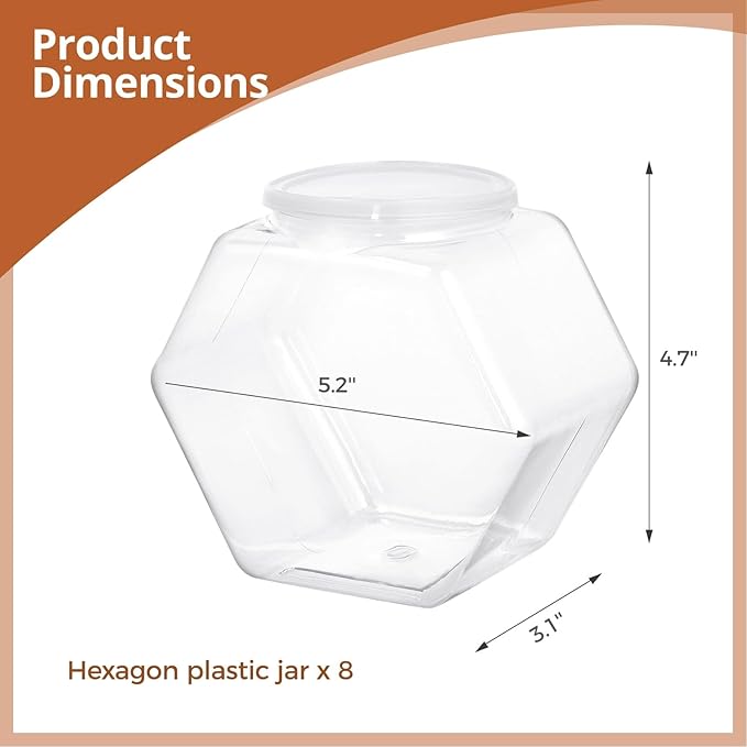 8 PCS Hexagon Plastic Jars, Clear Cookie Jars with Lids, Reusable Coffee Candy Display for Snacks, Cookie, Dog Treats, Coffee Pod(30 OZ)
