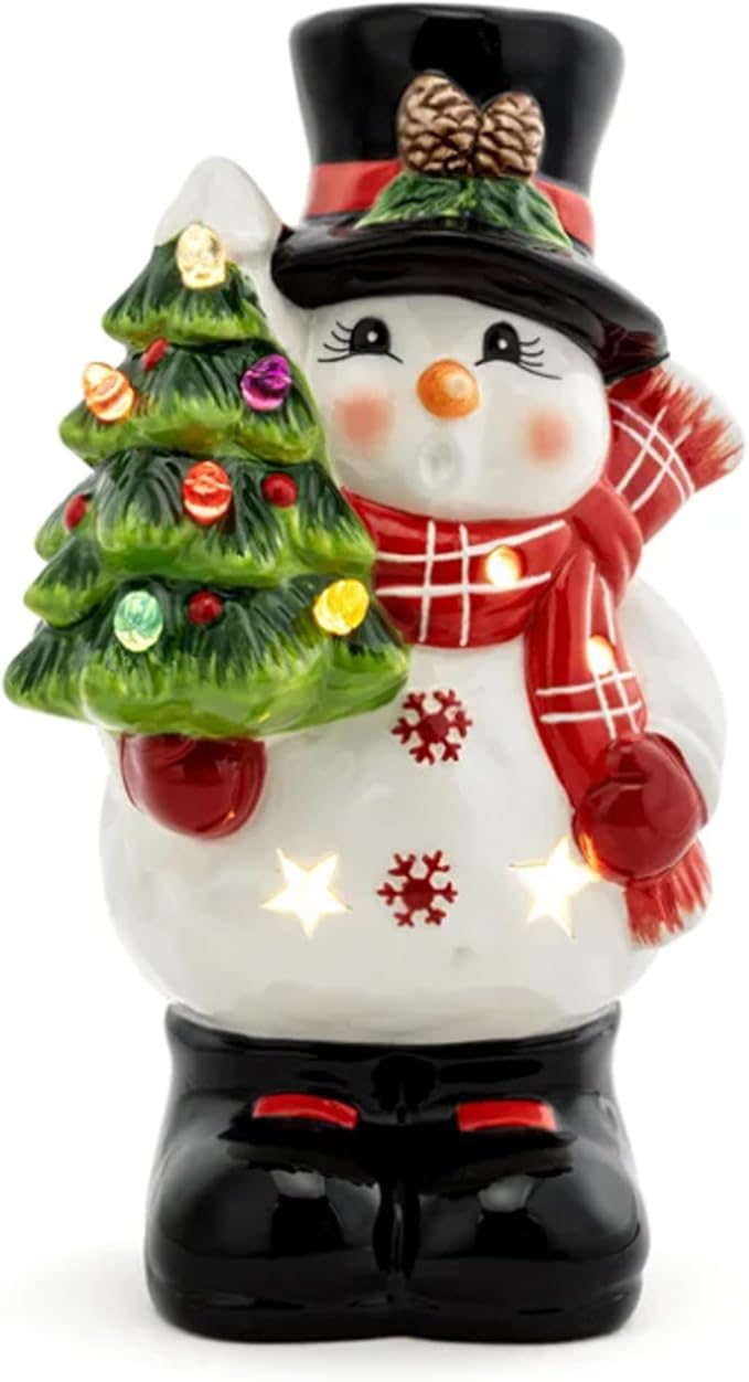 Napco 52831 LED Light-Up Snowman Holding Christmas Tree Multicolor 7.5 x 4.5 Inches Ceramic Winter Christmas Holiday Figurine