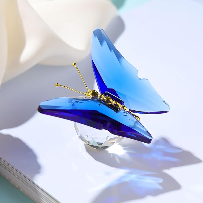Movdyka Crystal Butterfly for Mom Women Metal Butterfly Room Decor Collection Figurine Blue Glass Butterfly Craft Desk Office Decorations Table Centerpieces