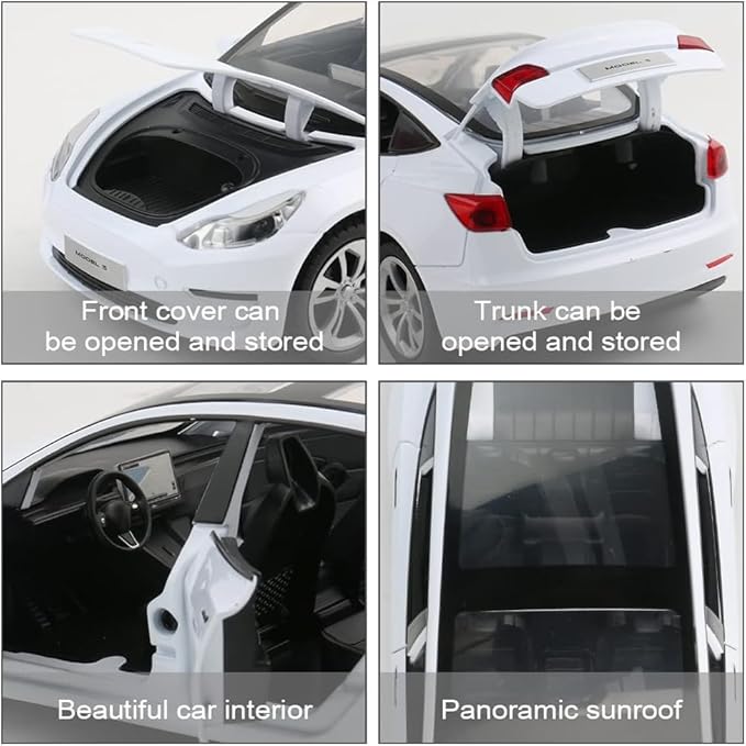 Zinc Alloy 3 Car Model,1:24 Scale Simulation Casting car Model Pull Back Diecast Toy Car, Mini Vehicles Toys with Lights and Music for Toddlers Kids Children Birthday Gift(White)