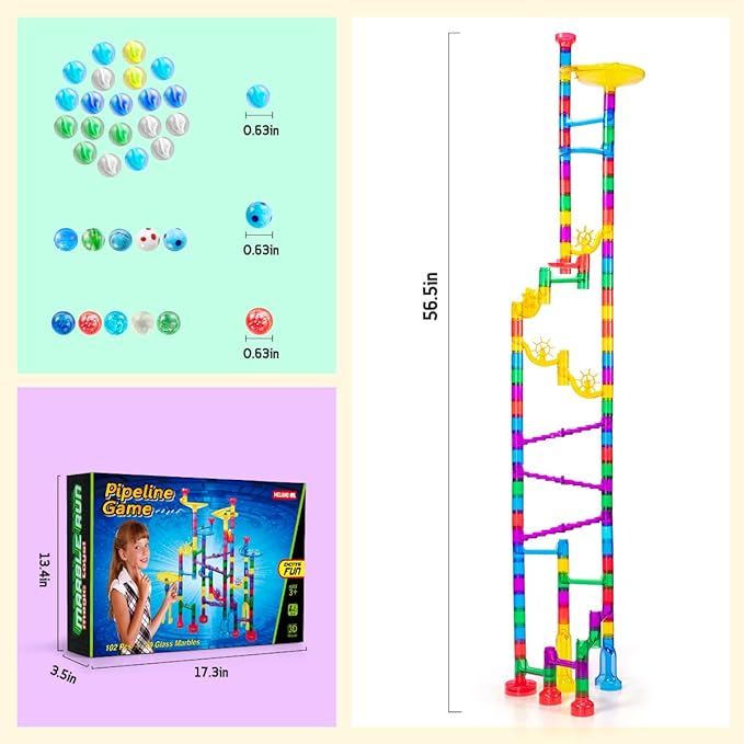 Meland Marble Run - 132Pcs Marble Maze Game Building Toy for Kid, Marble Track Race Set & STEM Learning Toys for Boy Girl Age 3 4 5 6 7 8 9+ (102 Translucent Marbulous Pcs & 30 Glass Marbles)