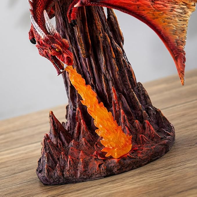 Pacific Giftware Fury Fire Dragon Figurine Red Dragon Sculpture Breathing Fire Over Volcanic Rock Base Dragon Dungeon Decor and Home Display 13 Inches Tall