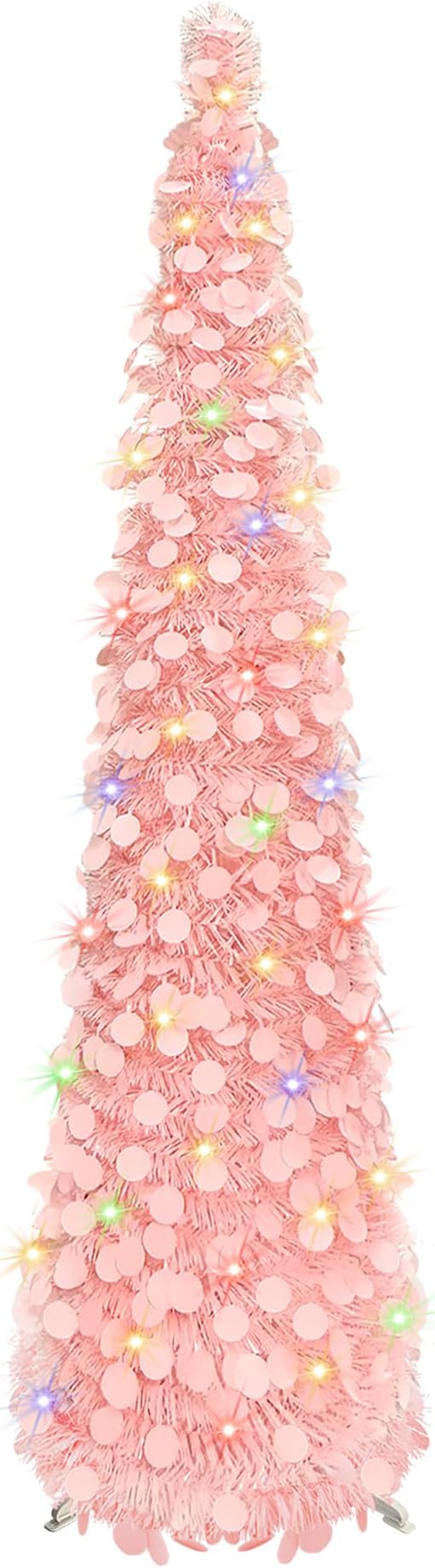 5FT Collapsible Christmas Trees with 90 Lights, Pink Artificial Sequin Pop Up Christmas Tree, Tinsel Slim Pencil Christmas Tree for Home Holiday Fireplace Party Indoor Outdoor Xmas Decorations
