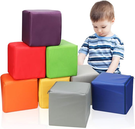8 PCS Foam Blocks PU Leather Soft Building Play Soft Cubes for Kids Colourful Foam Stacking Blocks for Indoor or Outdoor Play-Set Preschool Learning