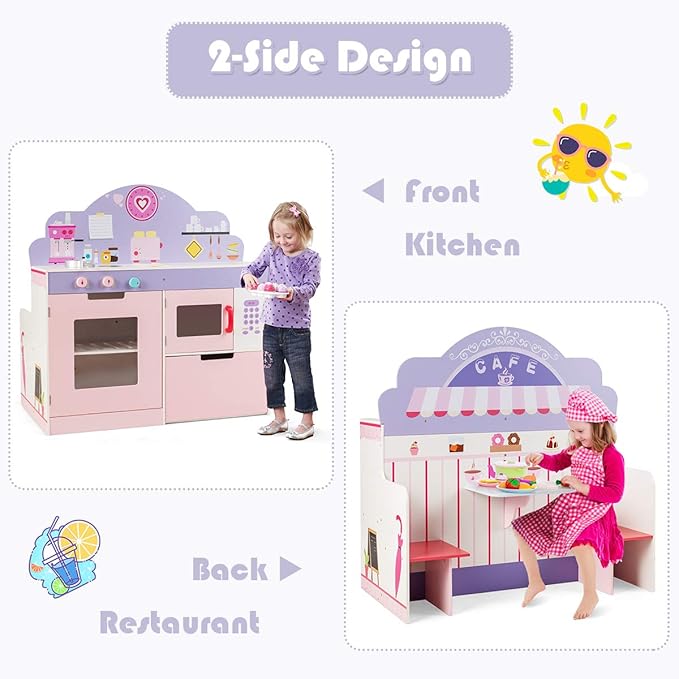 HONEY JOY Pink Kids Kitchen Playset, Double Side Little Chef Play Kitchen for Toddler & Cafe Shop, Cooking Utensil, Microwave, Storage Cabinet, Wooden Pretend Play Toy Kitchen Set, Gift for Boys Girls