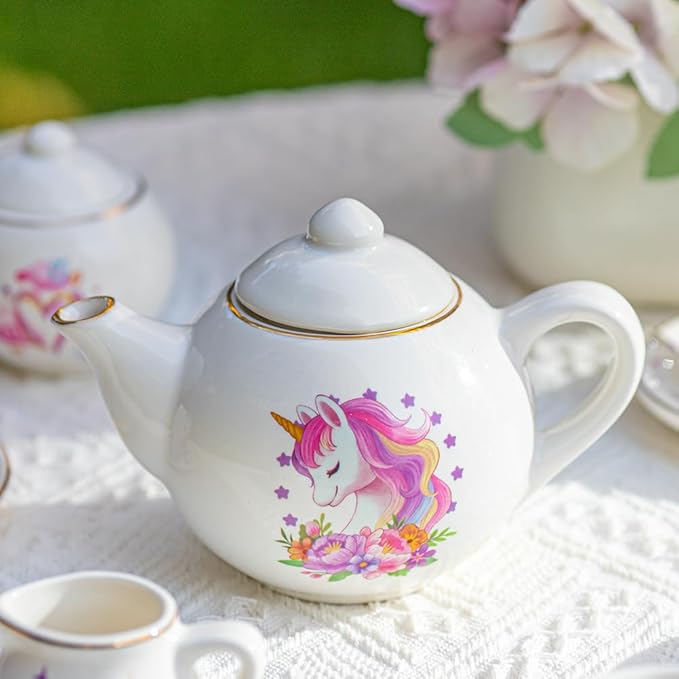 Tacobear Porcelain Tea Set for Girls Toys Unicorn Gift, 13pcs Tea Party Set with Teapot & Cup & Saucer & Suitcase, Kid Kitchen Pretend Playset Birthday Unicorn Toys for Girls 3 4 5 6-8