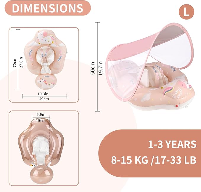 Free Swimming Baby Infant Pool Float with Sun Canopy Inflatable Baby Swimming Floatie with Sponge Safety Bottom Support Water Toys Swimming Trainer (Pink, Large)