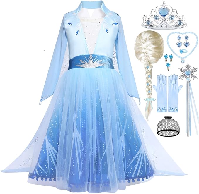 Princess Costume for Little Girls Snow Princess Dress Blue Cosplay Outfit Halloween Carnival Party Christmas