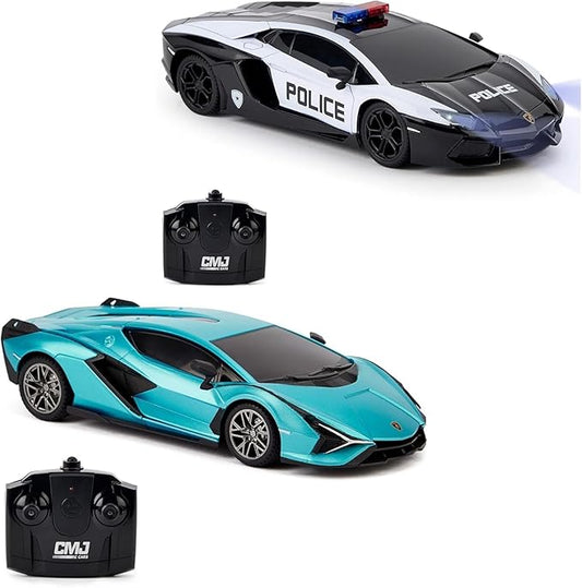 CMJ RC Cars Twin Pack: Officially Licensed Lamborghini Sian + Lambo Police RC Car Pack: Perfect for Lambo Racing Fans