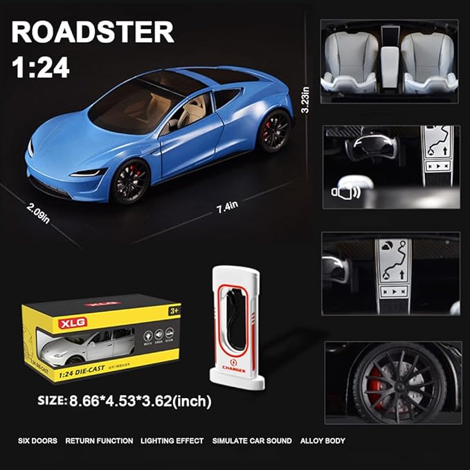 1/24 Diecast Roadster Model Car with Pull Back Function, Sound and Light, Alloy Metal Vehicles Roadster Toy Car Ideal Collectible for Kids Adults Enthusiasts, Great Birthday Gift (Blue)