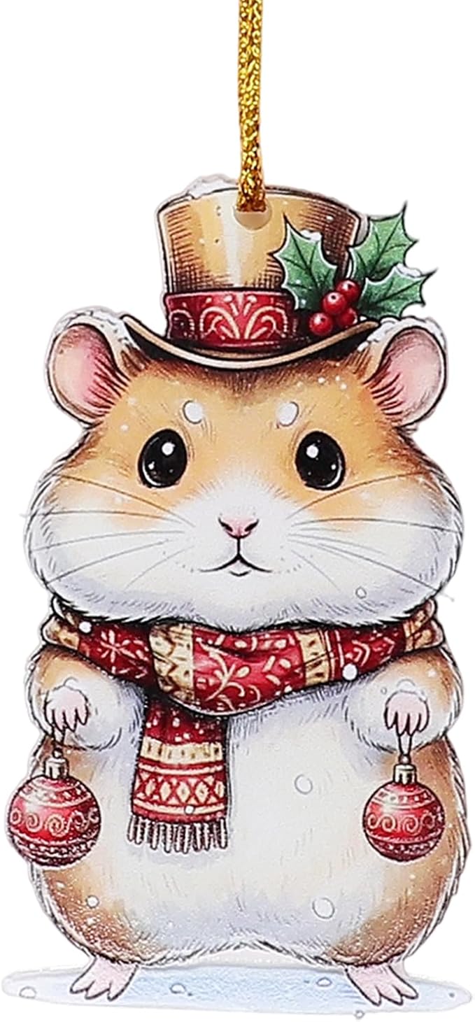 6Pcs Christmas Hamster Acrylic Ornament, Cute Animal Hanging Decorations for Christmas Tree, Holiday Home Decor