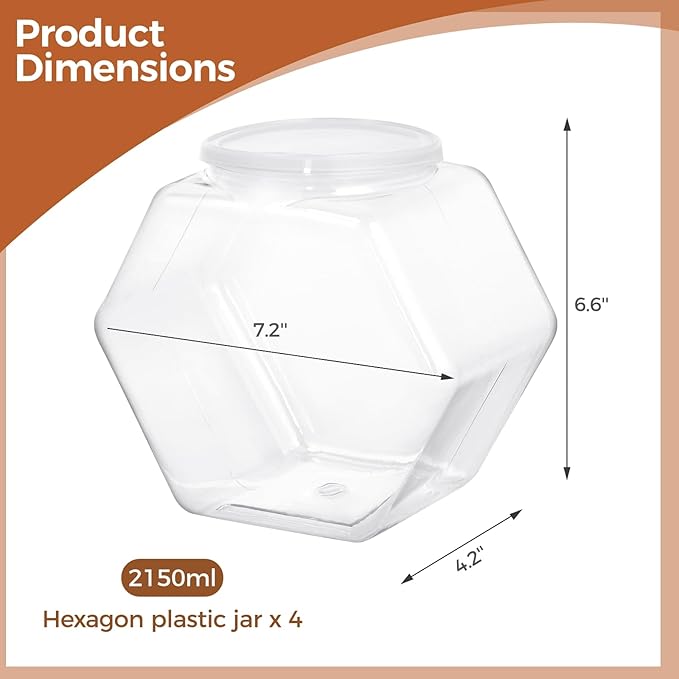 4 PCS Hexagon Plastic Jars Clear Cookie Jars with Airtight Lids, Candy Jars, Wide Round Mouth Snacks Dog Food Candy Containers, Reusable Coffee Candy Display （72oz）