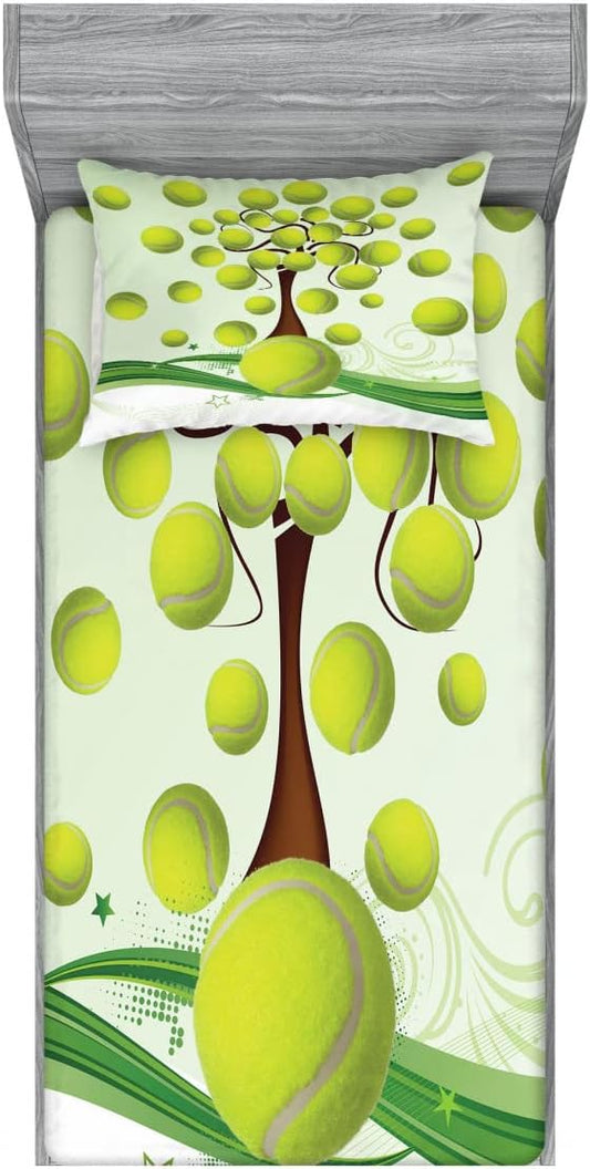 Ambesonne Tennis 2 Pack Fitted Sheet & Pillow Sham Set, Tennis Balls Pattern, 4 Pcs Bedding Decor, Package Contains 2 Twin Size Fitted Sheets & 2 Pillow Covers, Pale Green Brown White