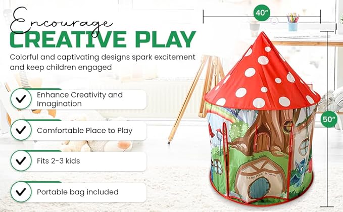 Mushroom Play Tent for Kids Toddlers, Pop Up Imagine Portable Toy Gift, Princess Playhouse Fairy Tale Wizard Unicorn Magic Dragon
