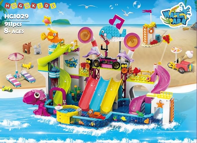 HOGOKIDS Friends Water Park Building Set, 911PCS Summer Fun Party Toy with 5 Water Slides, Creative Swimming Pool Block with Diving Platform & Bike Cart, Pretend Play Gift for Girls Boys Kid Age 8-12+