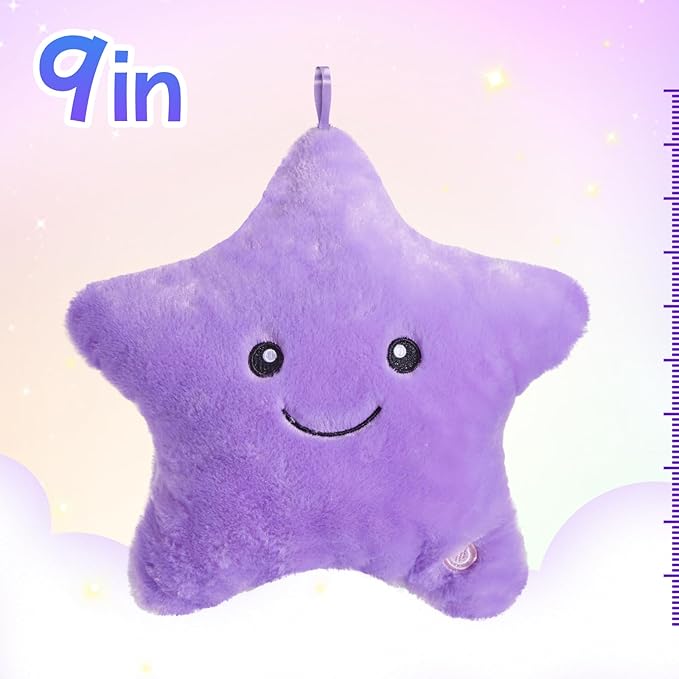 WEWILL 9'' LED Twinkle Star Soft Plush Pillow Toys Glowing Stuffed Star Light up Pillow Plush with Colorful Night Lights Birthday Valentines Gift for Toddler Kids(Purple)