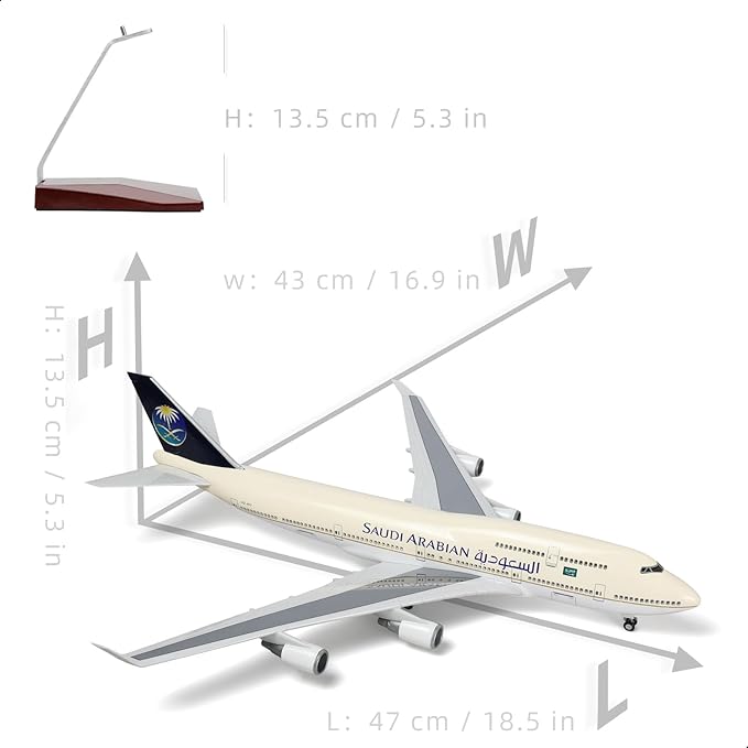 1/160 Saudi Arabian 747 Large Scale Model Airplane with Stand for Boeing 747-400 Pre-Build Model Plane Kits for Adult (17-inch L) Aviation Enthusiasts Aircraft Gifts or Airplane Collections