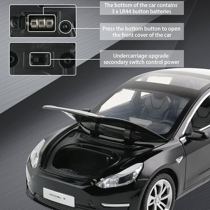 Zinc Alloy 3 Car Model,1:24 Scale Simulation Casting car Model Pull Back Diecast Toy Car, Mini Vehicles Toys with Lights and Music for Toddlers Kids Children Birthday Gift(Black)