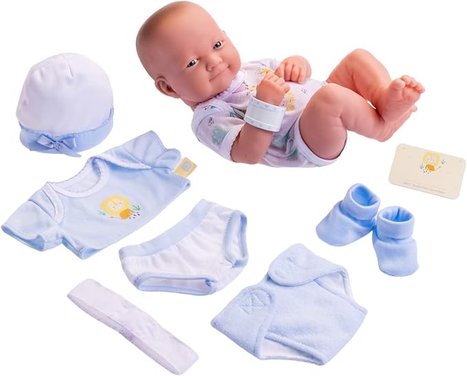 8 piece Layette Baby Doll Gift Set | JC Toys - La Newborn Nursery | 14" Life-Like Smiling Doll w/ Accessories | Blue | Ages 2+