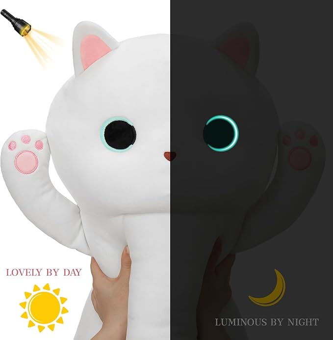 MaoGoLan Long Cat Plush Body Pillow, 44'' Giant White Glow in The Dark Cat Stuffed Animal Toy Gift for Girl Boy Kid, Big Cute Kitty Plush Throw Pillow for Halloween Christmas Decor