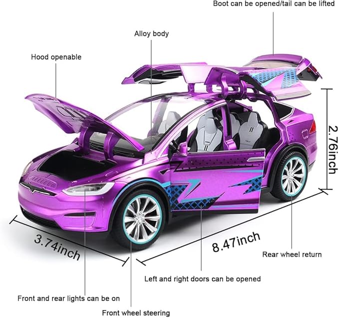 Zinc Alloy X Car Model,1:24 Scale Simulation Casting car Model Pull Back Diecast Toy Car, Mini Vehicles Toys with Lights and Music for Toddlers Kids Children Birthday Gift(Purple)
