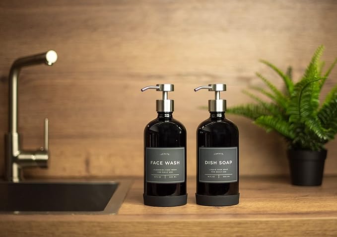 16oz Glass Soap Dispenser with Stainless Steel Pump, 21 Waterproof Labels, Non-Slip Protective Silicone Pad, Set of 2 for Bathroom & Kitchen (Gloss Black Bottle/Brushed Silver Pump)