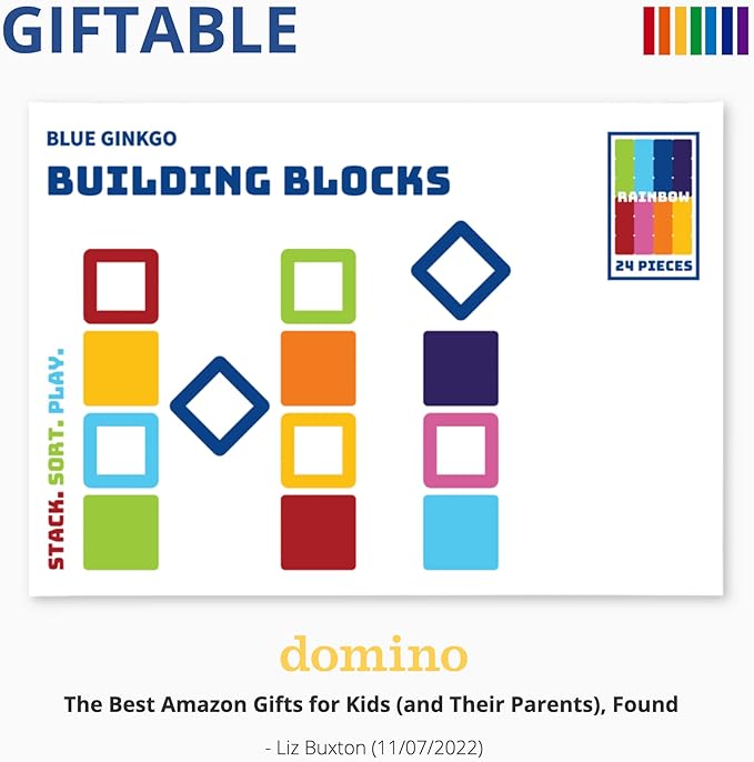 BLUE GINKGO Silicone Rainbow Blocks – [24 PC] Giftable Soft Blocks for Kids, BPA-Free Montessori Stacking Toy with Sorting Tray (Vibrant)