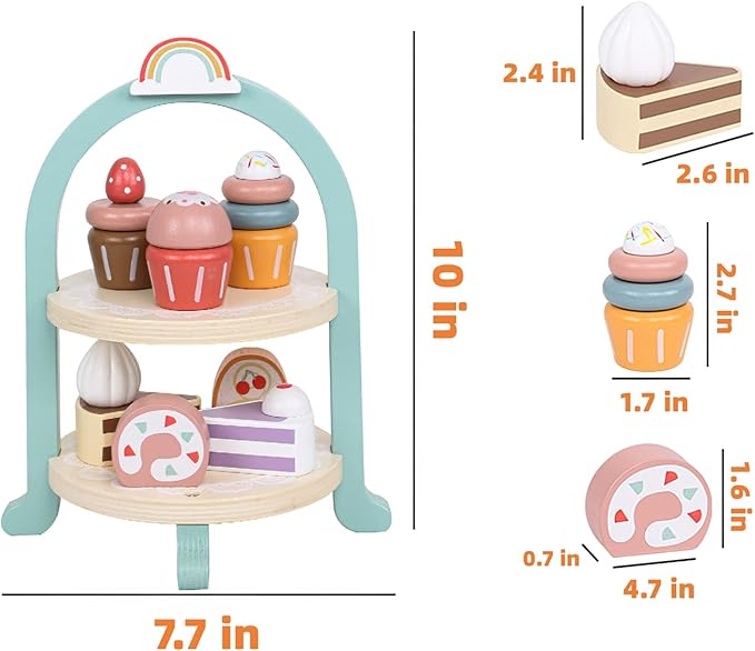 Wooden Dessert Cake Play Food Set Toys, Pretend Play Kids Tea Party Set for Little Girls Toddlers, Montessori Wooden Play Kitchen Accessories Sets for Kids