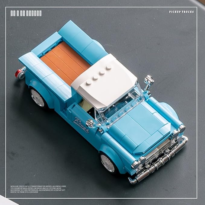 PB8840 1:32 Blue Retro Pickup Truck Buliding Blocks Set, 297 Pieces Scale Model Car Container Display Box, Clamping Blocks Toy Gift for Adults