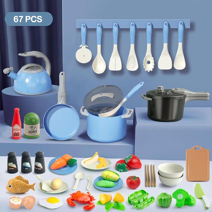 Bruvoalon 67Pcs Kids Play Kitchen Toys Set, Toddlers Pretend Cooking Playset Acccessories with Pots Pans, Utensils Cookware, Foods, Canned Veges, Learning Gift for Kids Girls Boys (Blue)