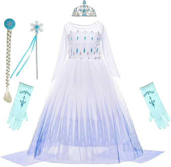 REXREII Princess Dress for Girls Frozen Elsa Snow Queen Costume Halloween Cosplay Christmas Birthday Party Gown w/Accessories