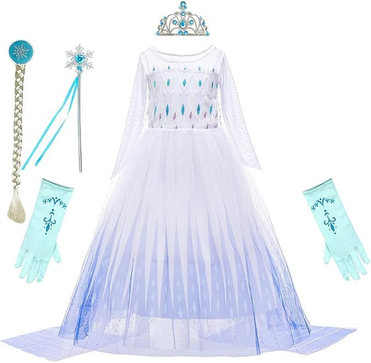 REXREII Princess Dress for Girls Frozen Elsa Snow Queen Costume Halloween Cosplay Christmas Birthday Party Gown w/Accessories